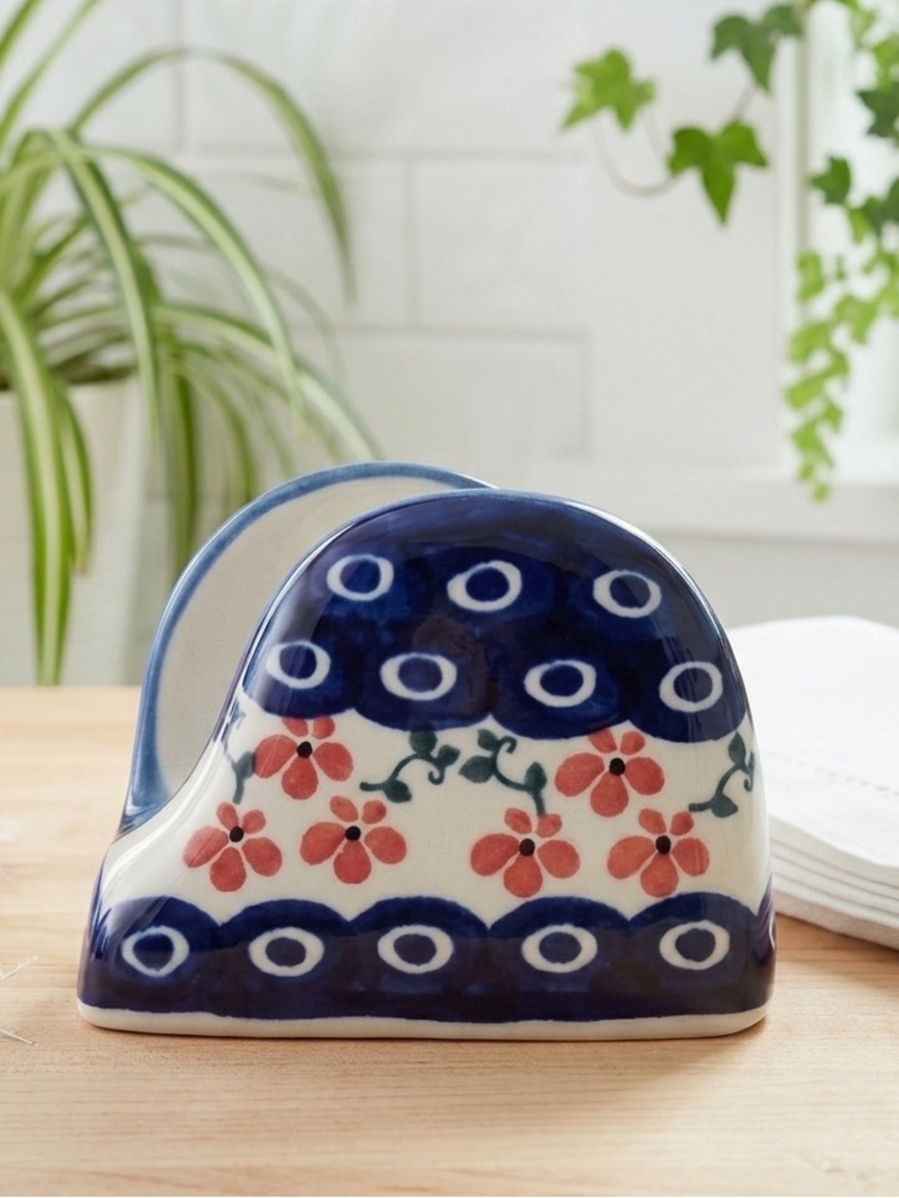 Wiza Polish Pottery Napkin Holder Boleslawiec Hand Painted Floral Peacock Eye